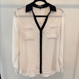 Express White and Black Buttoned Notched Collar Blouse